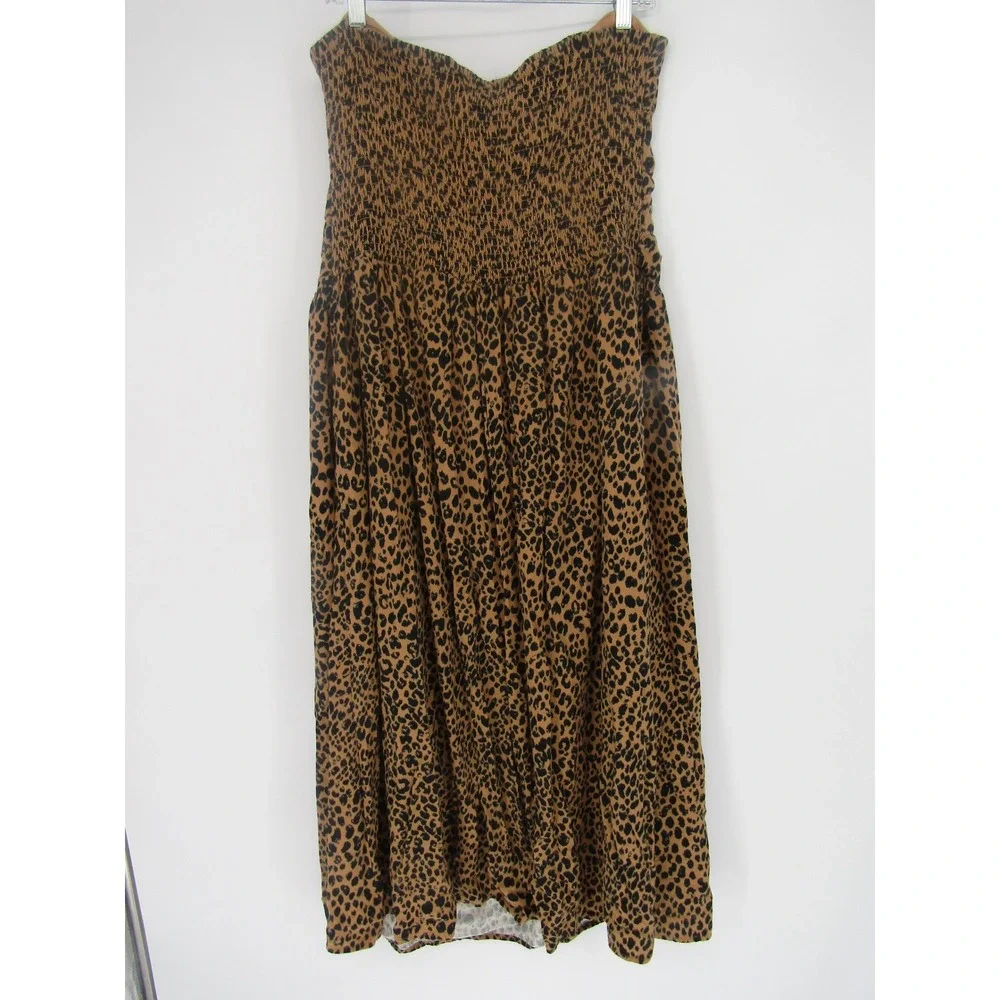 Brown Leopard Print Linen Strapless Midi Dress XL Casual Safari Animal Boho Chic